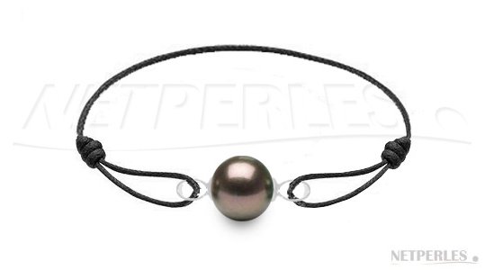 Bracelet en cuir avec une belle perle de Tahiti de qualité AA+ ou AAA sur Or 18 carats