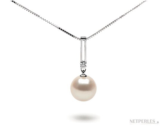 Pendnetif Art-Déco en Argent 925, diamant, et perle d'Akoya blanche