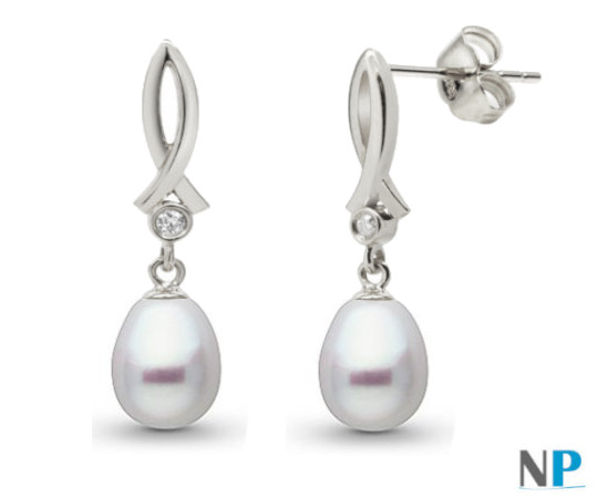 Boucles d'Oreilles en Or Gris 18 carats avec diamants et perles forme de goutte blanches argentées