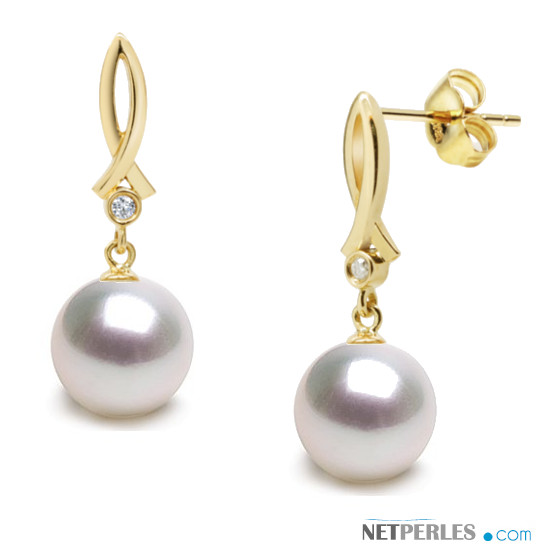 Boucles d'oreilles de perles d'Australie blanches argentées sur Or Jaune 18 carats