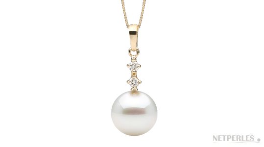 Pendente in oro 14k e diamanti, perla Akoya bianca 9-9,5 mm AAA