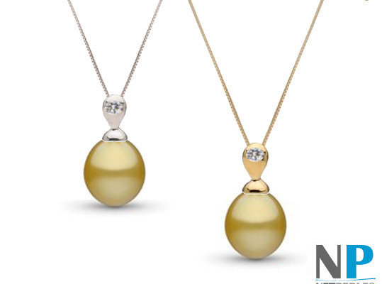  Pendente in oro 18k Diamante e perla delle Filippine dorata a goccia AAA