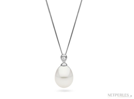 Pendentif en Argent et Diamant avec perle d'eau duce blanche goutte