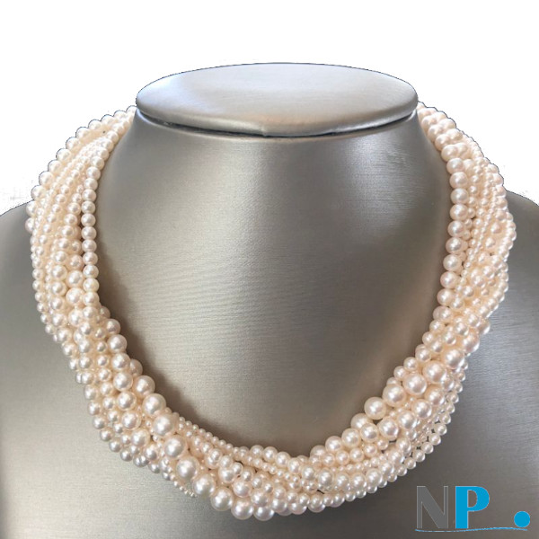 Collana 5 fili di perle intrecciati, perle d'acqua dolce, fili da 5 mm, 7 mm e 9 mm