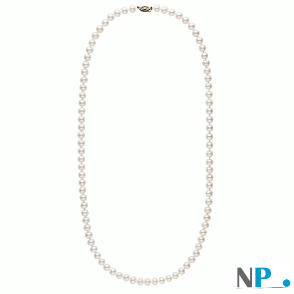 Long collier de 66 cm avec perles blanches d'eau douce avec  fermoir en or gris 14k