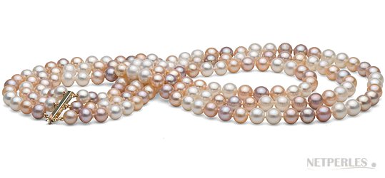 Splendide collier 3 rangs de perles d'eau douce multicolores avec fermoir en or 14 carats