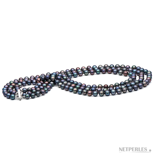 Collier de perles de culture d'eau douce 3 rangs avec fermoir en or 14 carats