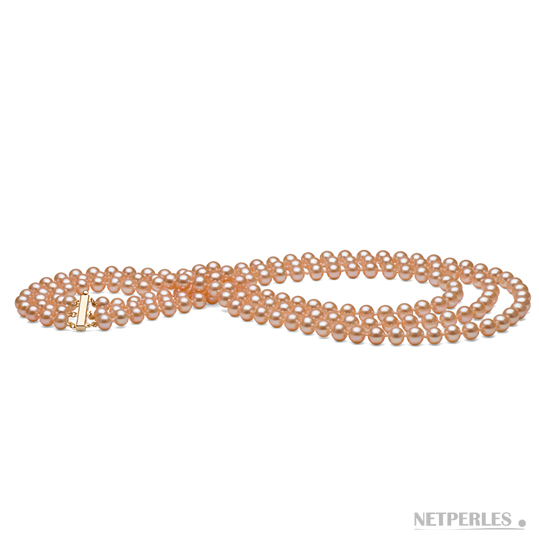 Collier de perles de culture d'eau douce 3 rangs avec fermoir en or 14 carats