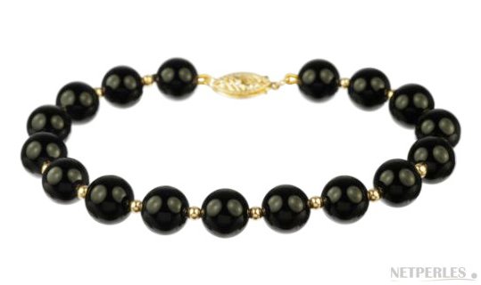 Bracelet de perles d'eau douce noires avec billes en or