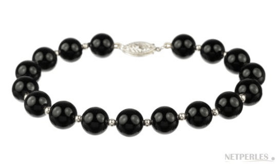 Bracelet de perles d'eau douce noires avec billes en or gris 14k