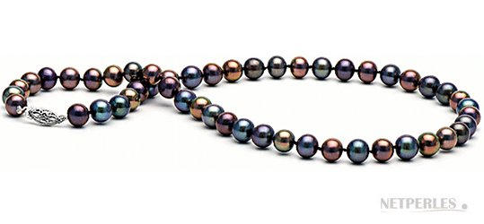 Collier 45 cm de perles d'eau douce noires multireflets