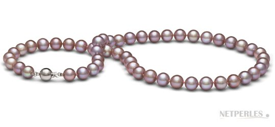 Collier de perles d'eau douce long 45 cm  , 8-9 mm, lavande