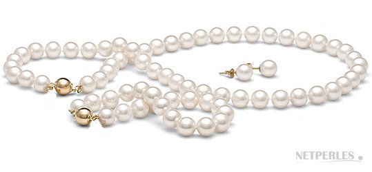 Parure 3 gioielli di perle di coltura d'acqua dolce, bianche