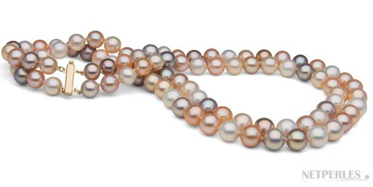 Collier doubles rang de perles d'eau douce multicolores avec fermoir alinéa en or 14 carats