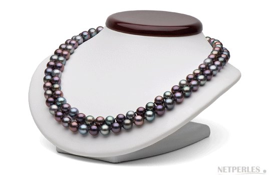 Collier double rang de perles noires d'eau douce 8-9 mm