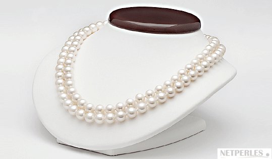 Perles d'eau douce blanches 8-9 mm sur double rang 43 et 45 cm