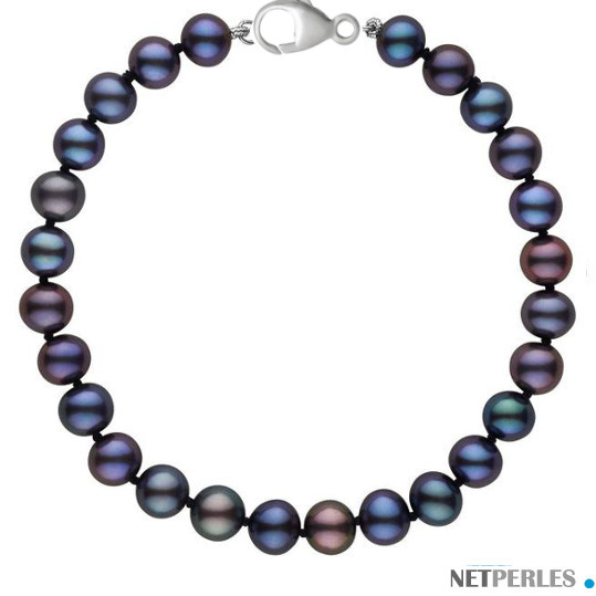 Bracelet de perles de culture d'eau douce noires , mousqueton en Argent 