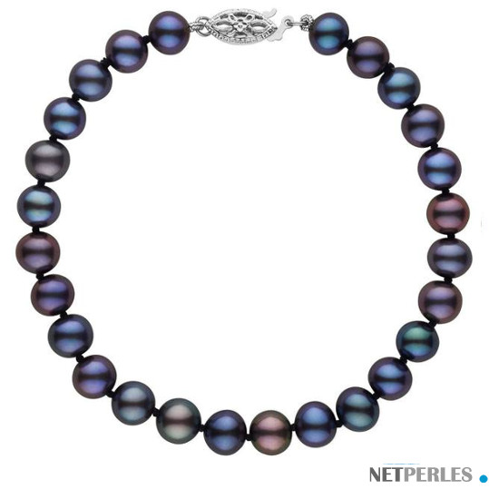 Bracelet de perles de culture d'eau douce noires , Or Gris 14k