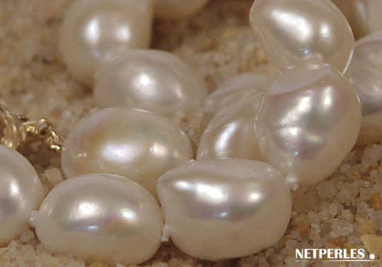 Gros plan sur des perles de culture d'eau douce baroques, blanches proposées par NETPERLES