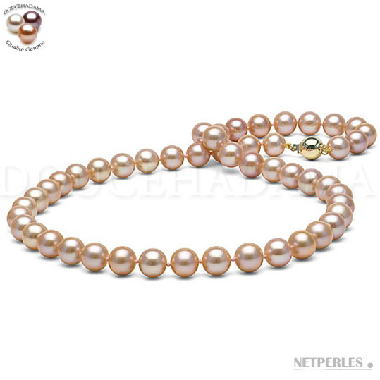 Collier de perles de culture d'eau douce couleur pêche, teinte naturelle, diamètre 8,5 à 9 mm, longueur 45 cm