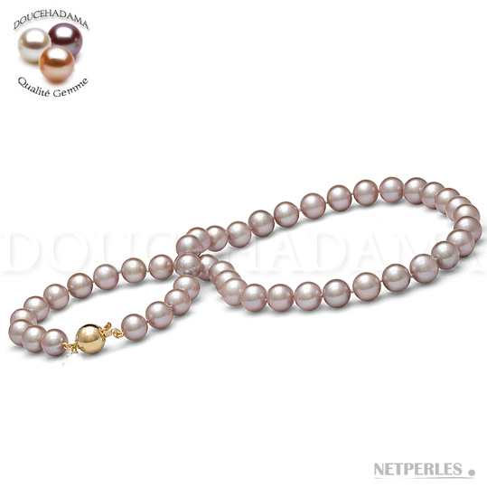 Collier de luxe en perles d'eau douce qualité doucehadama teinte lavande diametre 9,0 à 9,5 mm
