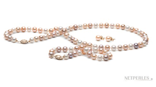 Parure 3 gioielli di perle di coltura d'acqua dolce 6-7 mm, multicolore