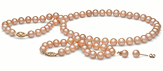 Parure 3 gioielli di perle di coltura d'acqua dolce, rosa pesca