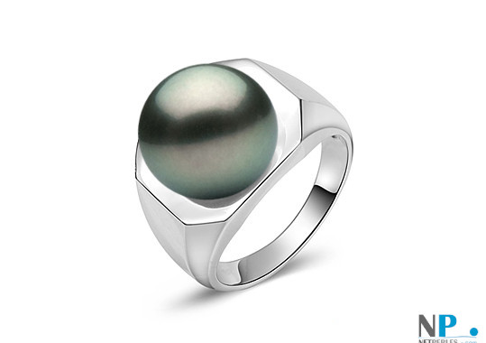 Bague en argent rhodié et perle noire de Tahiti de grand diamètre, une vraie merveille!