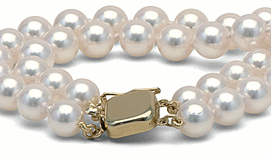 collana a doppio filo con perle bianche Akoya con fermaglio in oro 14k quadrato