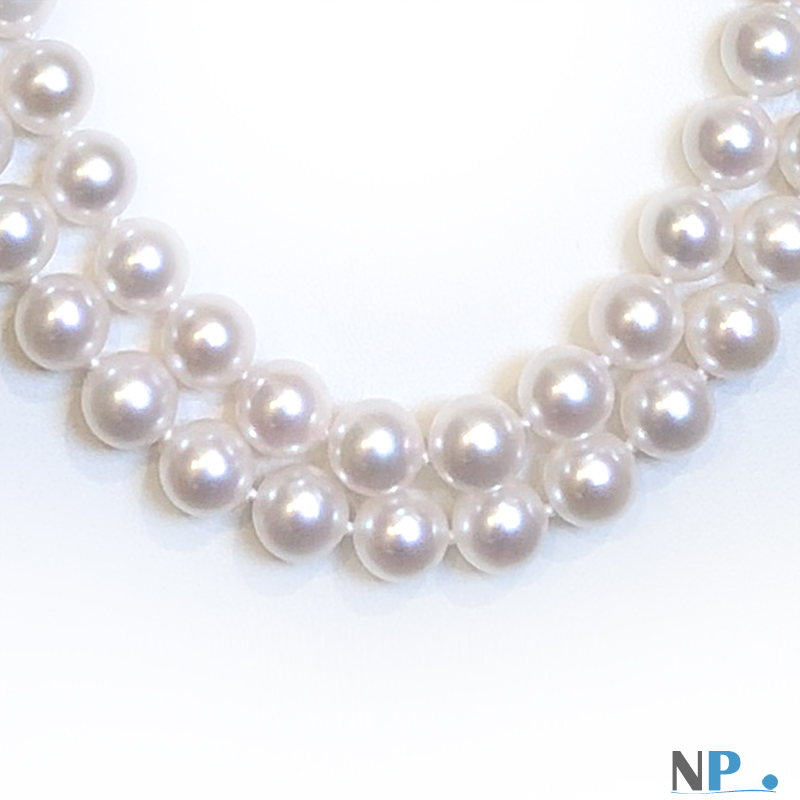 Perles d'Akoya blanches, collier  double rang