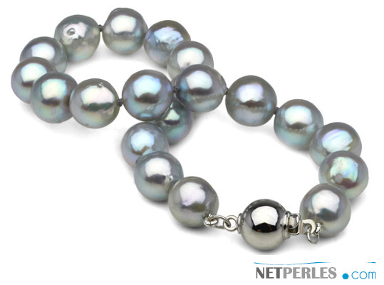 Bracelet 18 cm de perles baroques AKOYA bleu 8-8,5 mm, fermoir en Or Gris