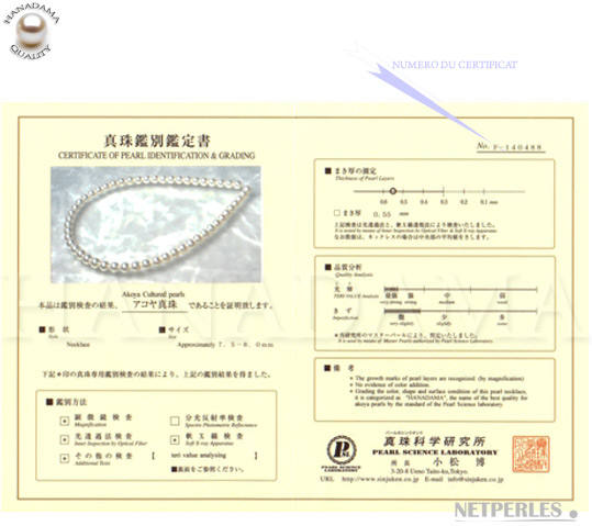 Certificat des perles de culture d'Akoya du japon classees
HANADAMA