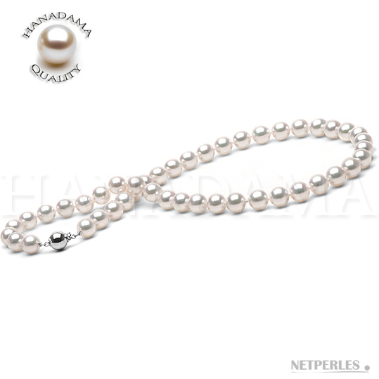 Collier de perles de culture d'Akoya blanches du Japon qualité HANADAMA diamètre extraordinaire de 9,0 à 9,5 mm