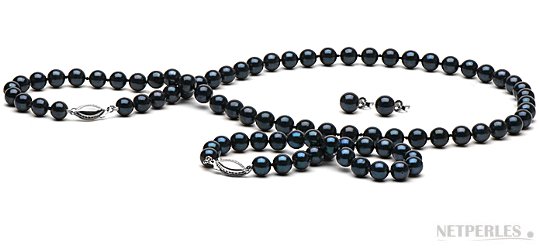 Parure 3 bijoux de perles de culture d'Akoya noires