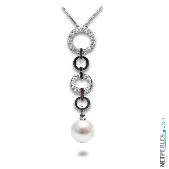 Pendentif Or gris 18k et diamants et perle d'akoya blanche AAA