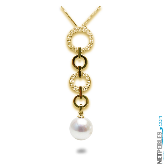 Pendentif Or jaune 18k et diamants avec perle blanche akoya AAA