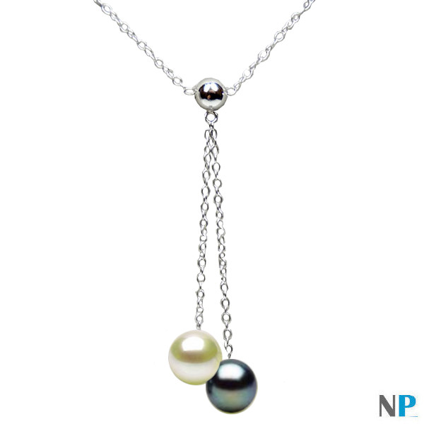 Pendentif Collier en or gris avec perles noire et blanche d'eau douce