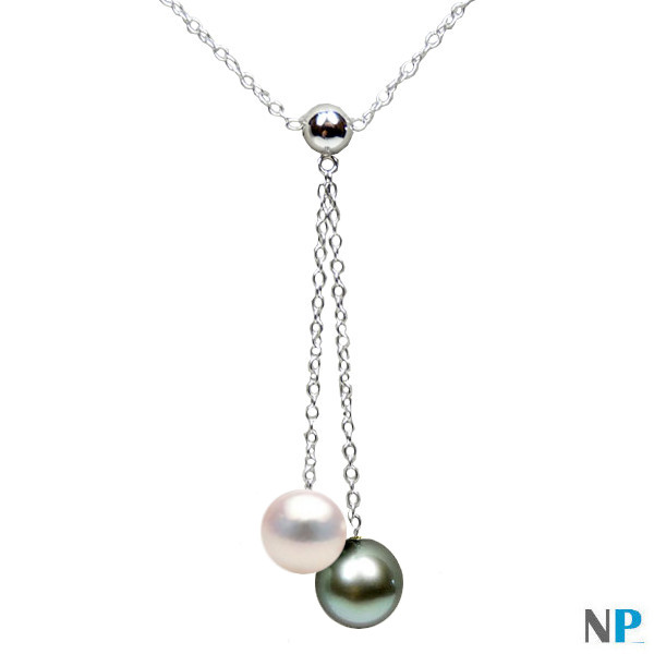 Pendentif collier en argent 925 avec perle blanche Akoya et pelre noire de Tahiti