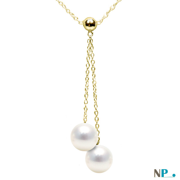 Pendentif Collier or jaune avec deux perles blanches d'Australie