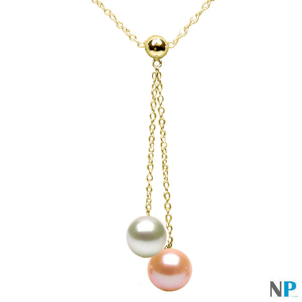 Collana in oro giallo con perle d'acqua dolce bianca e rosa pesca