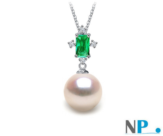 Pendentif en or gris 18k avec perle d'Akoya et pierre tourmaline verte 