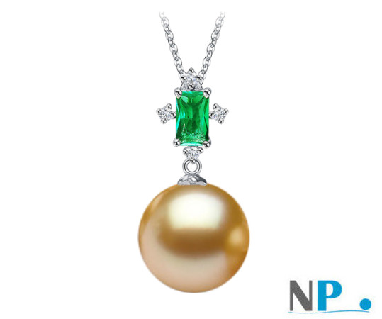 Pendentif Greeny con tormalina verde e perla dorata delle Filippine su oro bianco