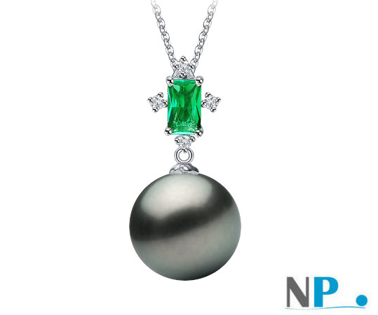 Pendentif en Argent 925 avec pierre tourmaline verte et une perle de culture de Tahiti qualité AAA