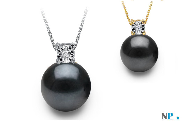 Pendentif en Or Jaune et Or Gris 18 carats avec perle de culture noire d'Akoya 