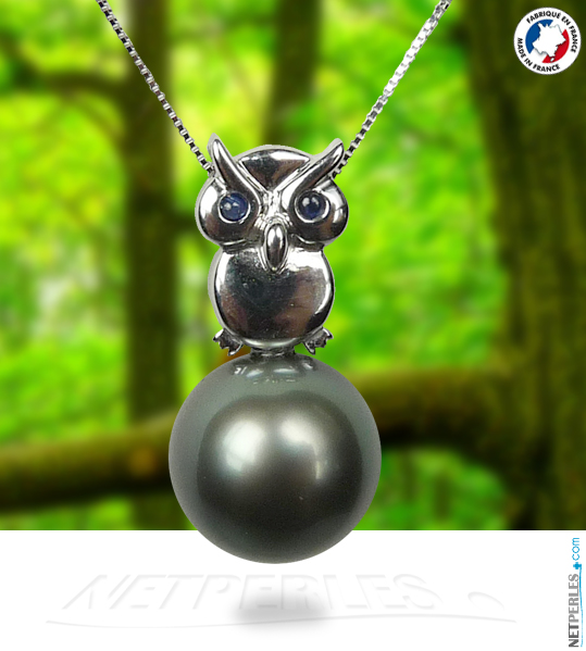 Pendentif Hibou en or 18 carats avec perle noire de tahiti