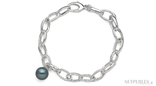 Bracelet INCANTO en argent rhodié avec une perle de culture d'eau douce noire bien ronde