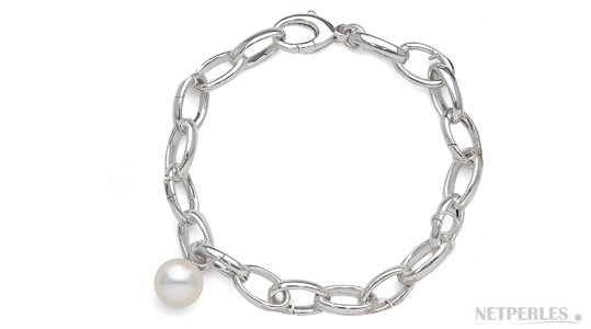 Bracelet INCANTO en argent rhodié avec une perle de culture d'eau douce blanche bien ronde