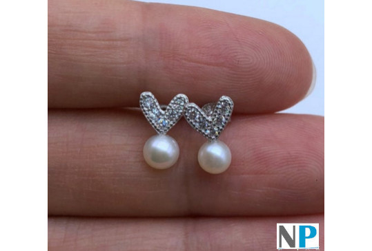 Boucles d'oreilles en Argent 925 en forme de Coeur avec zirconiums et perles de culture d'eau douce blanches