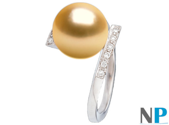 Bague en Or Gris 18k et Diamants avec perle dorée d'Australie 9-10 mm AAA