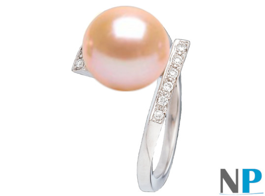 Anello in Argento 925 con diamanti e perla d'acqua dolce 9-10 mm rosa pesca DOLCEHADAMA